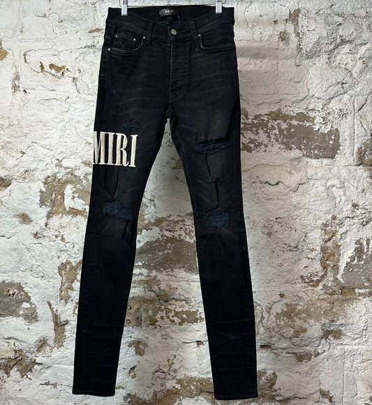 Amiri White Stitch Spell Distressed Black Denim Jeans Sz 30