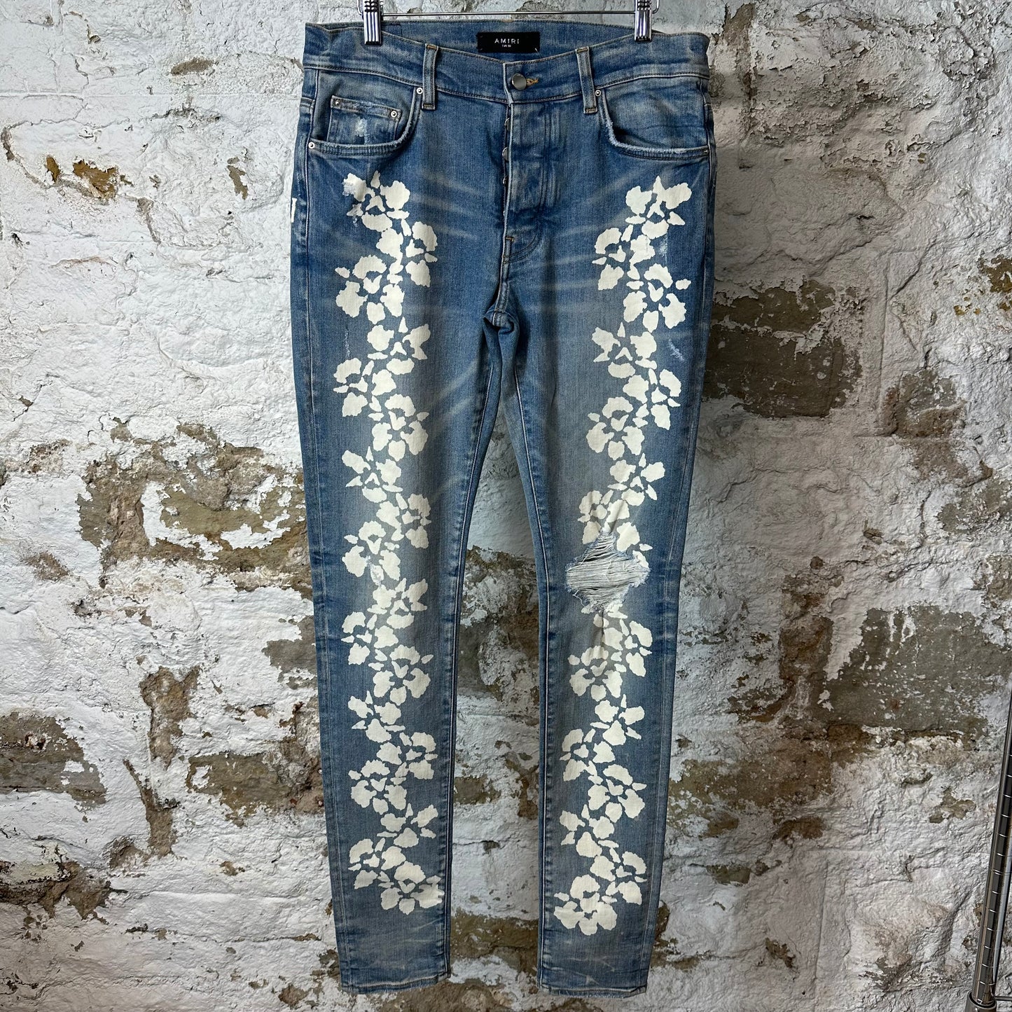 Amiri White Flower Print Blue Denim Jeans Sz 32
