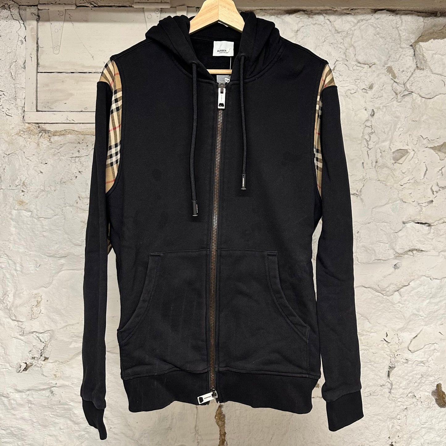 Burberry Plaid Sleeve Zip Up Hoodie Black Sz S