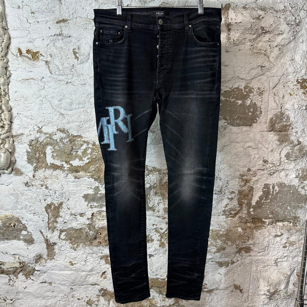 Amiri Blue Crystal Stagger Black Denim Jeans Sz 34