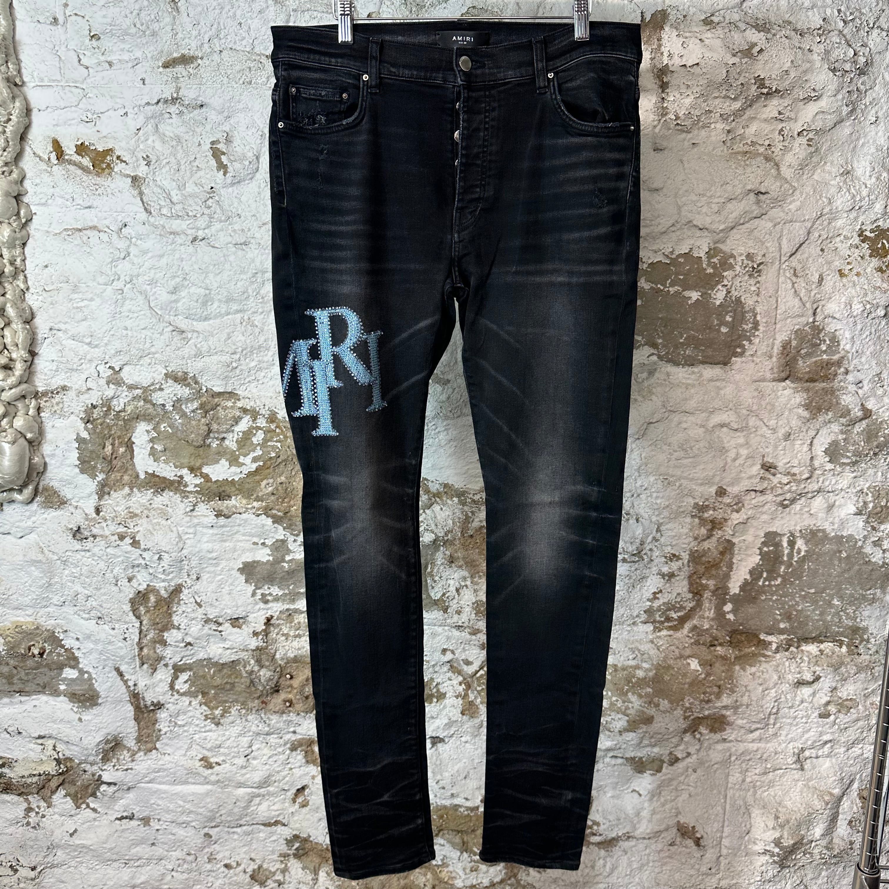 Amiri Blue Crystal Stagger Black Denim Jeans Sz 34