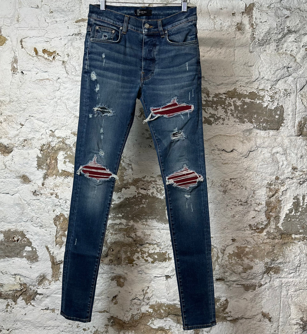 Amiri MX1 Bordeaux Suede Dark Blue Denim Jeans Sz 29