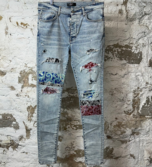Amiri Multicolor Paisley Patches Washed Blue Denim Jeans Sz 36