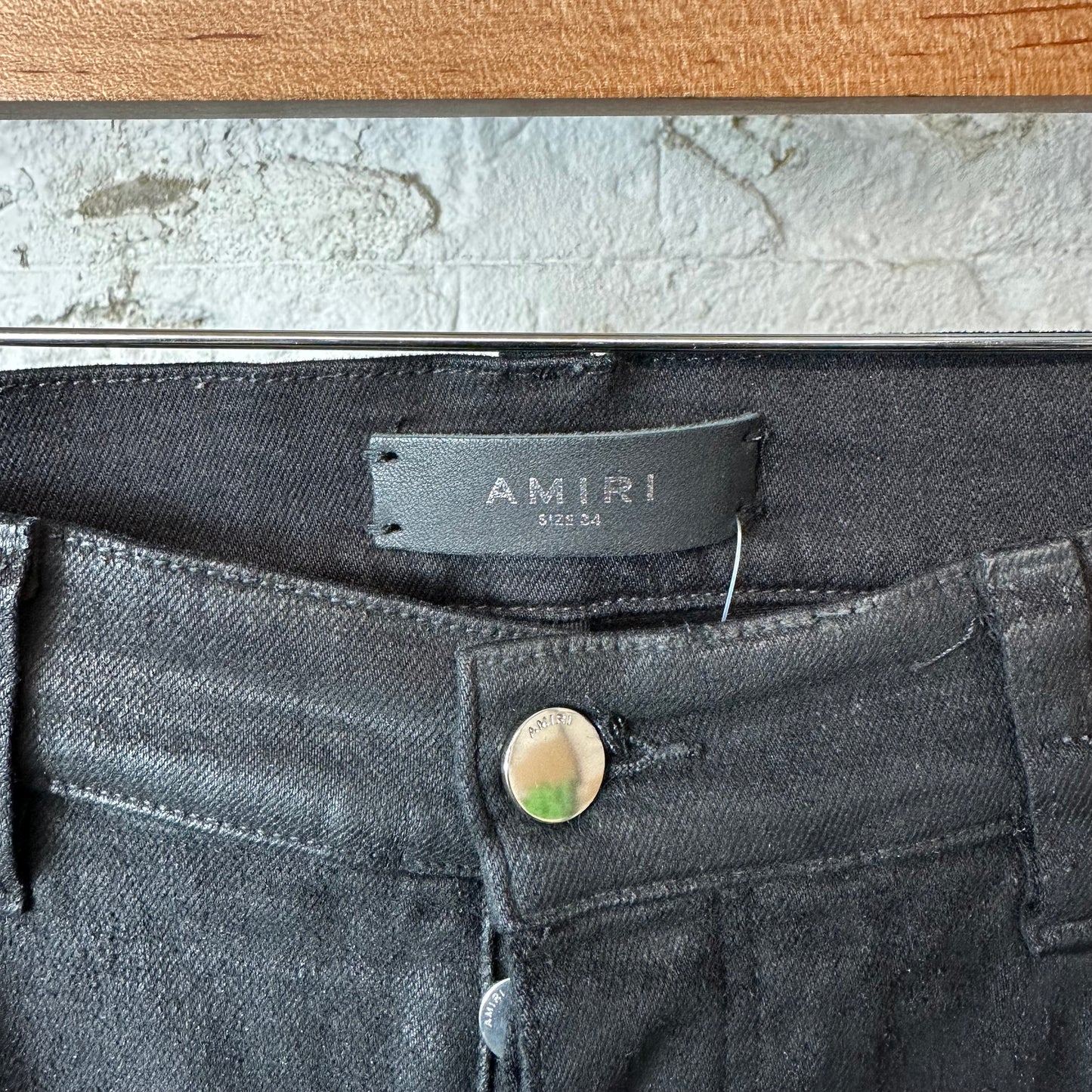 Amiri MX1 Black Leather Black Waxed Denim Jeans Sz 34