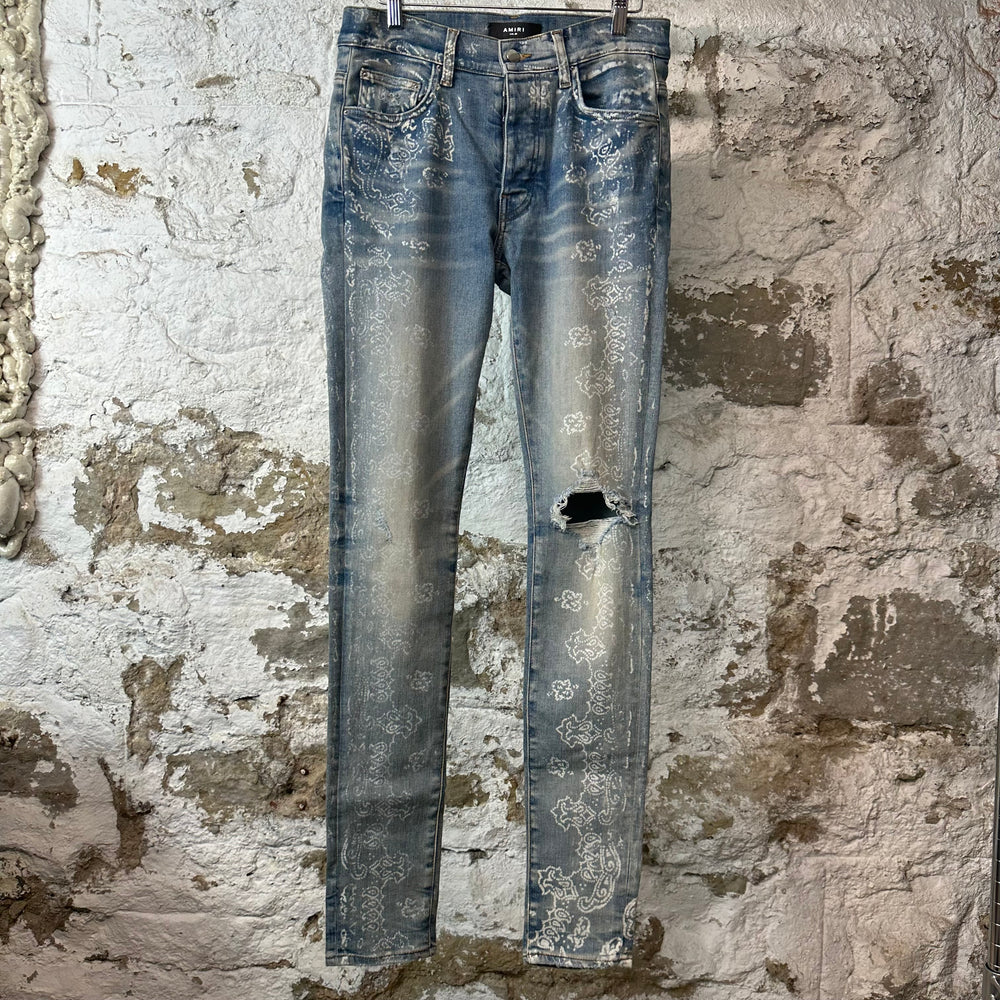 Amiri White Paisley Print Blue Denim Jeans Sz 30