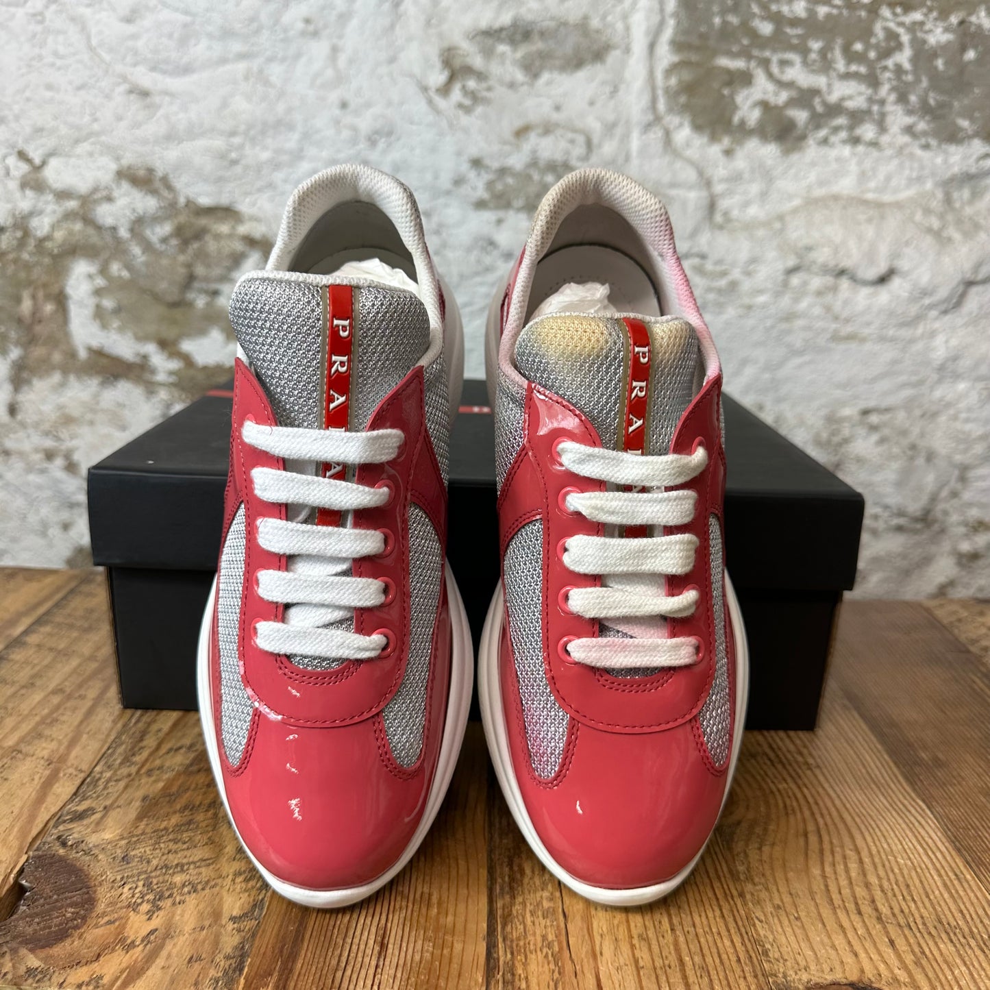 Prada Americas Cup Pink Patent Grey White Sneaker Sz 5 (37)