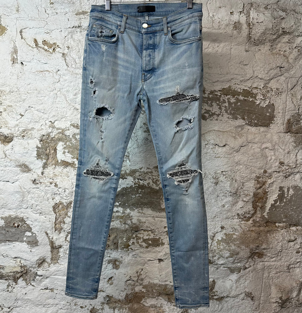 Amiri Mx1 Grey Paisley Blue Denim Jeans Sz 30
