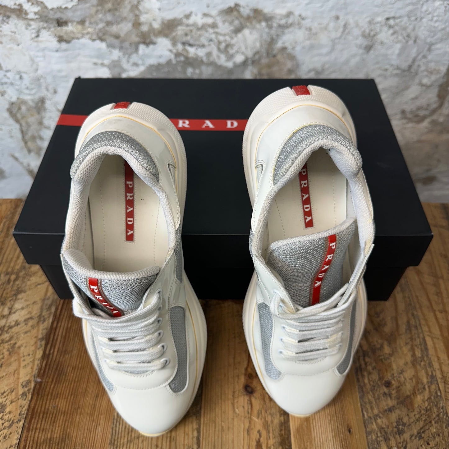 Prada Americas Cup White Patent Grey Sneaker Sz 7