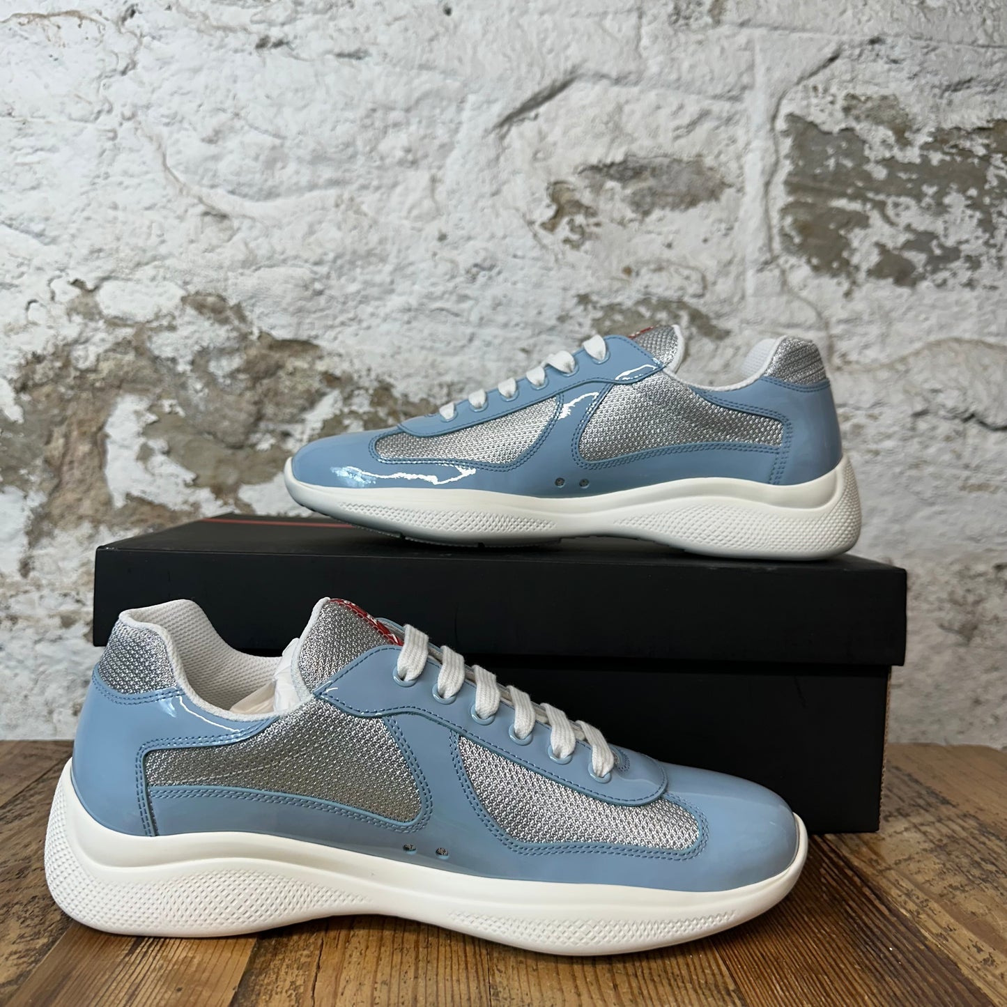 Prada Americas Cup Celeste Argento Patent Sneaker Sz 8 DS