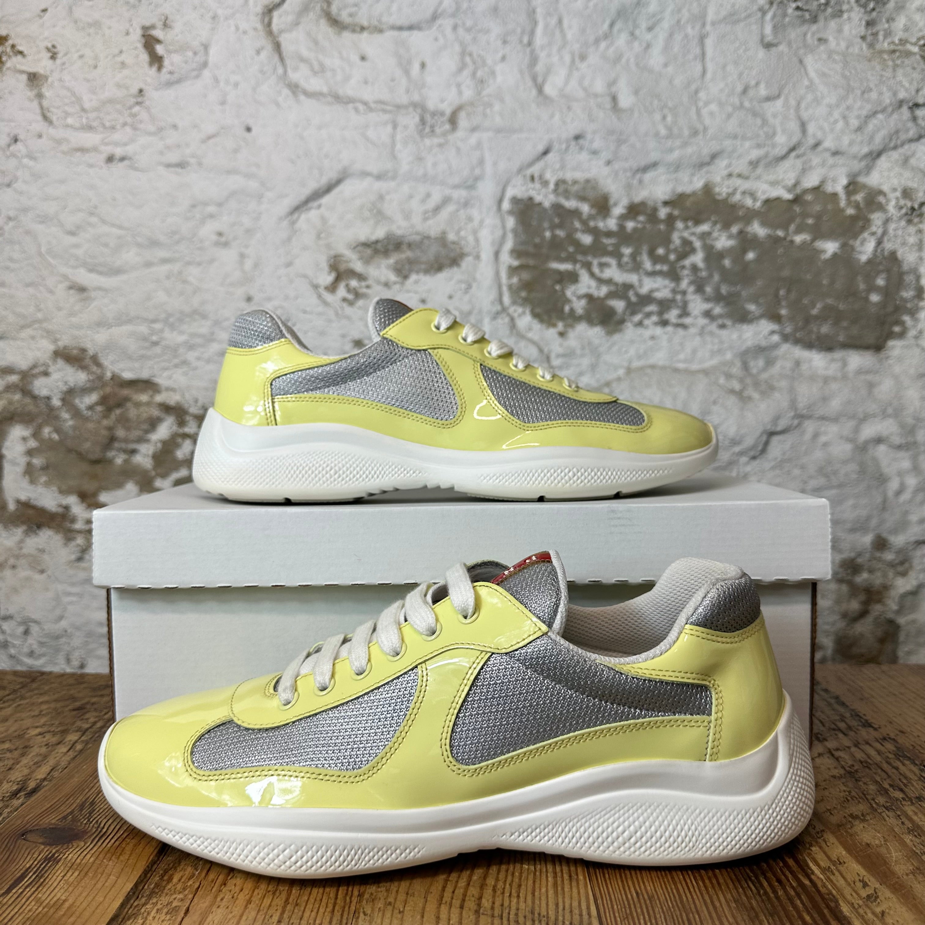 Prada Americas Cup Lemon Patent Grey White Sneaker Sz 8.5