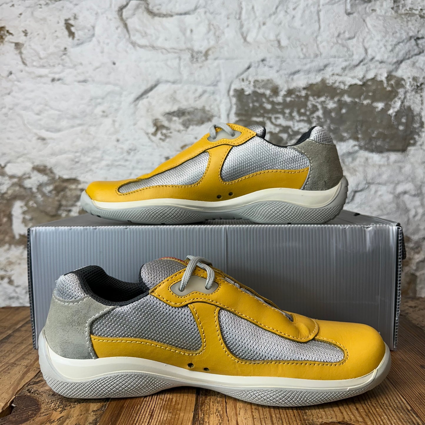 Prada Americas Cup Vintage Yellow Leather Grey Sneaker Sz 9