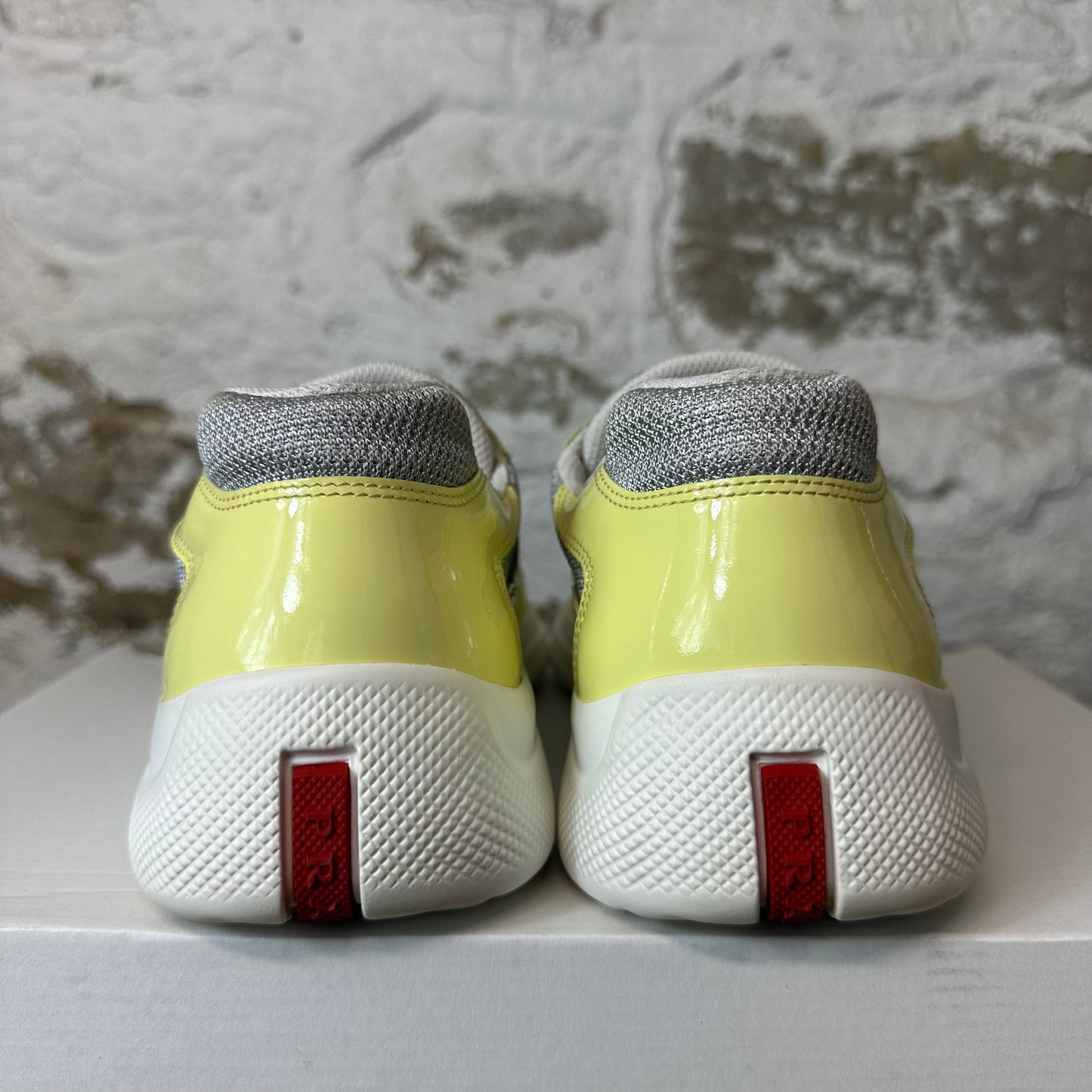 Prada Americas Cup Lemon Patent Grey White Sneaker Sz 8.5