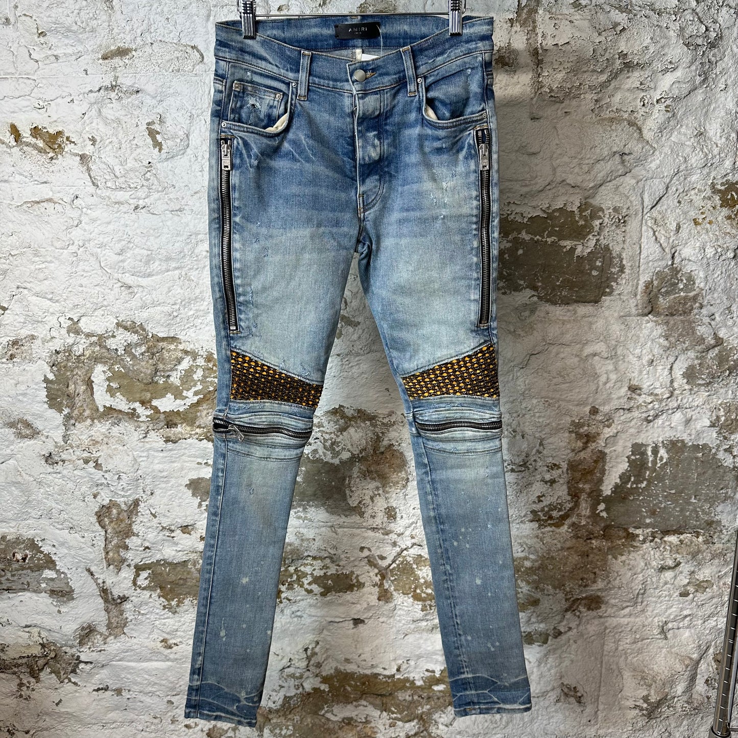 Amiri MX2 Brown Yellow Patch Blue Denim Jeans Sz 30