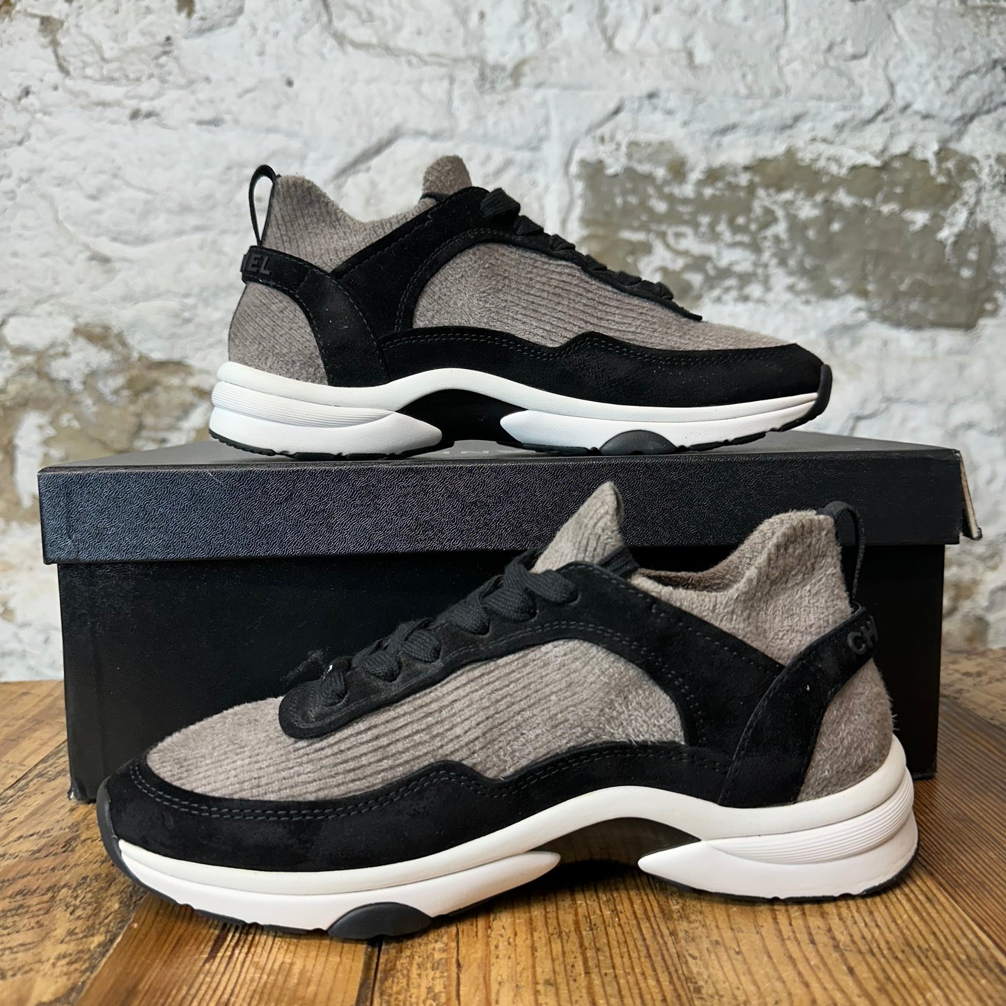 Chanel CC Black Grey White Trainer Sneaker Sz 4.5 (36.5)
