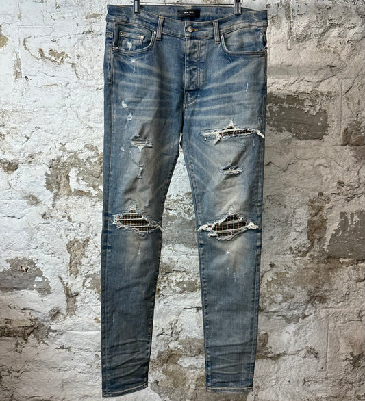 Amiri MX1 Grey Orange Plaid Blue Denim Jeans Sz 34