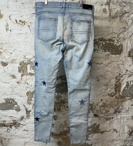 Amiri Blue Paisley Star Knee Hole Blue Denim Jeans Sz 38