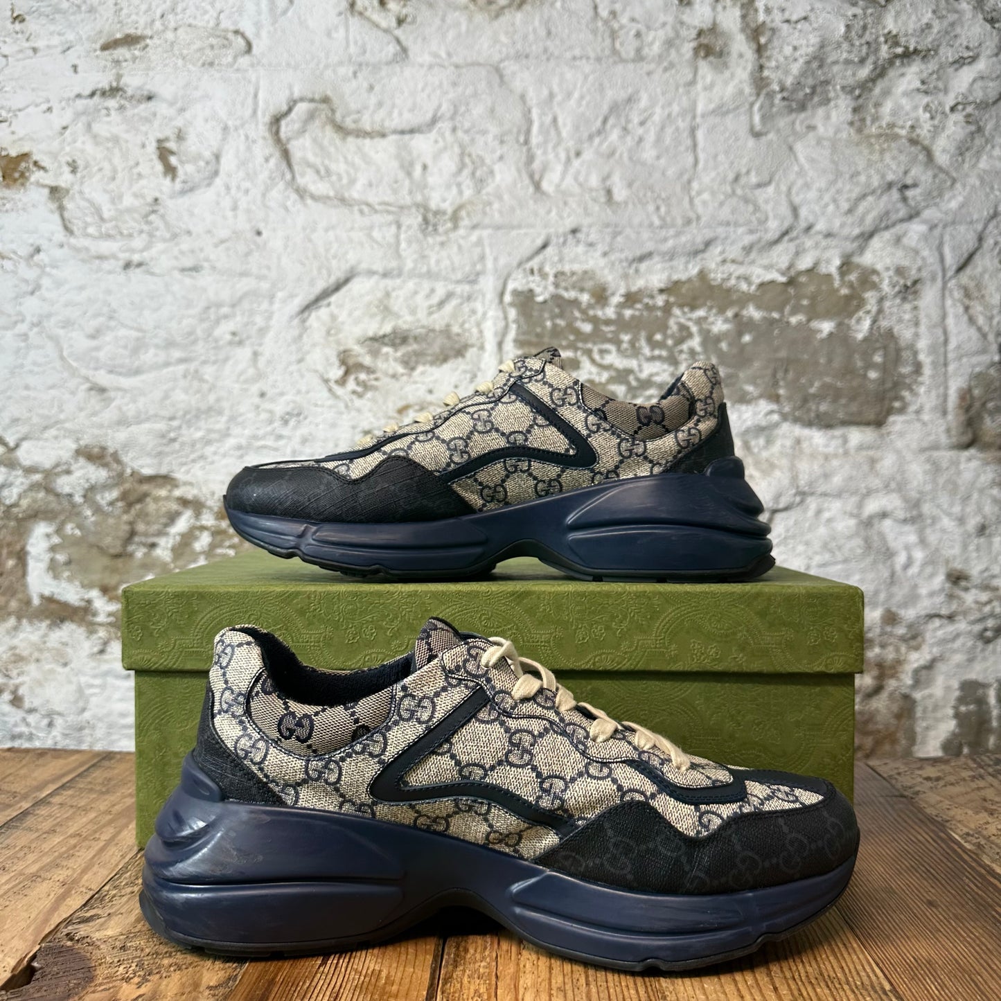 Gucci Rhyton Navy GG Monogram Beige Sneaker Sz 8.5
