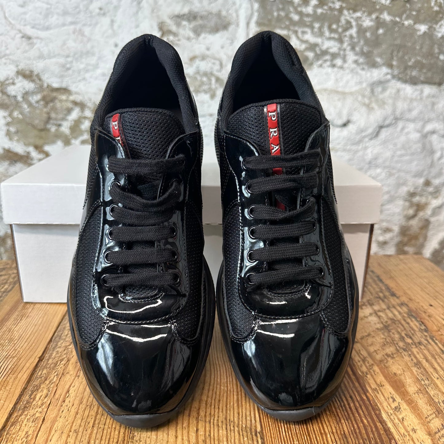 Prada Americas Cup Triple Black Patent Sneaker Sz 8