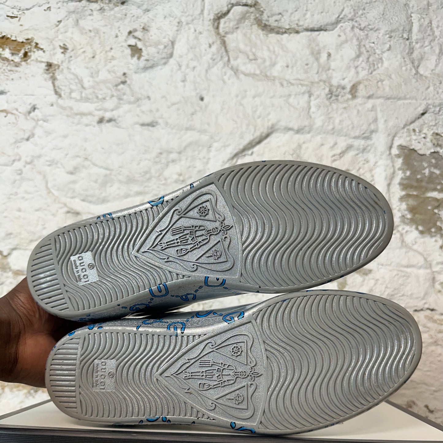 Gucci Blue GG Monogram Silver Ace Sneaker Sz 8