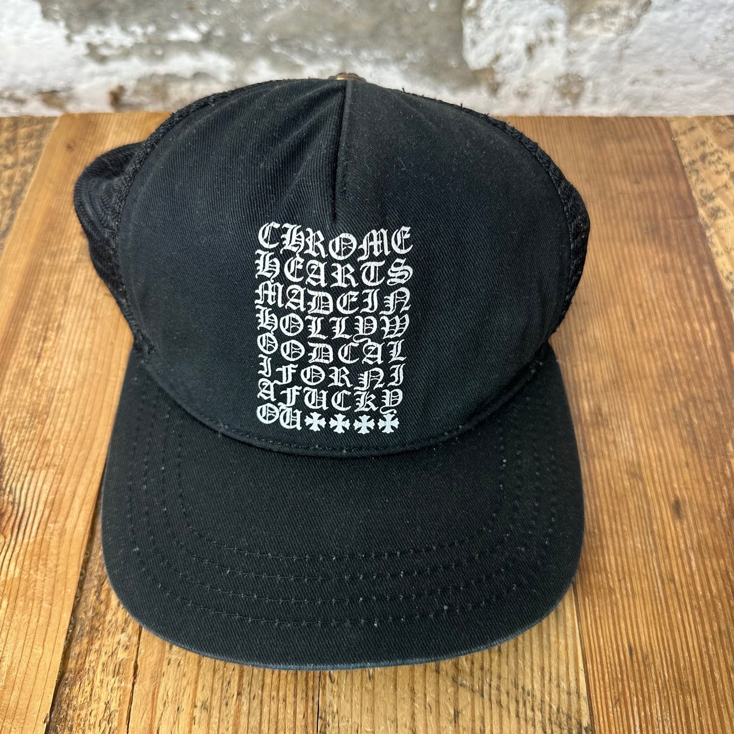 Chrome Hearts White Eyechart Black Trucker Hat