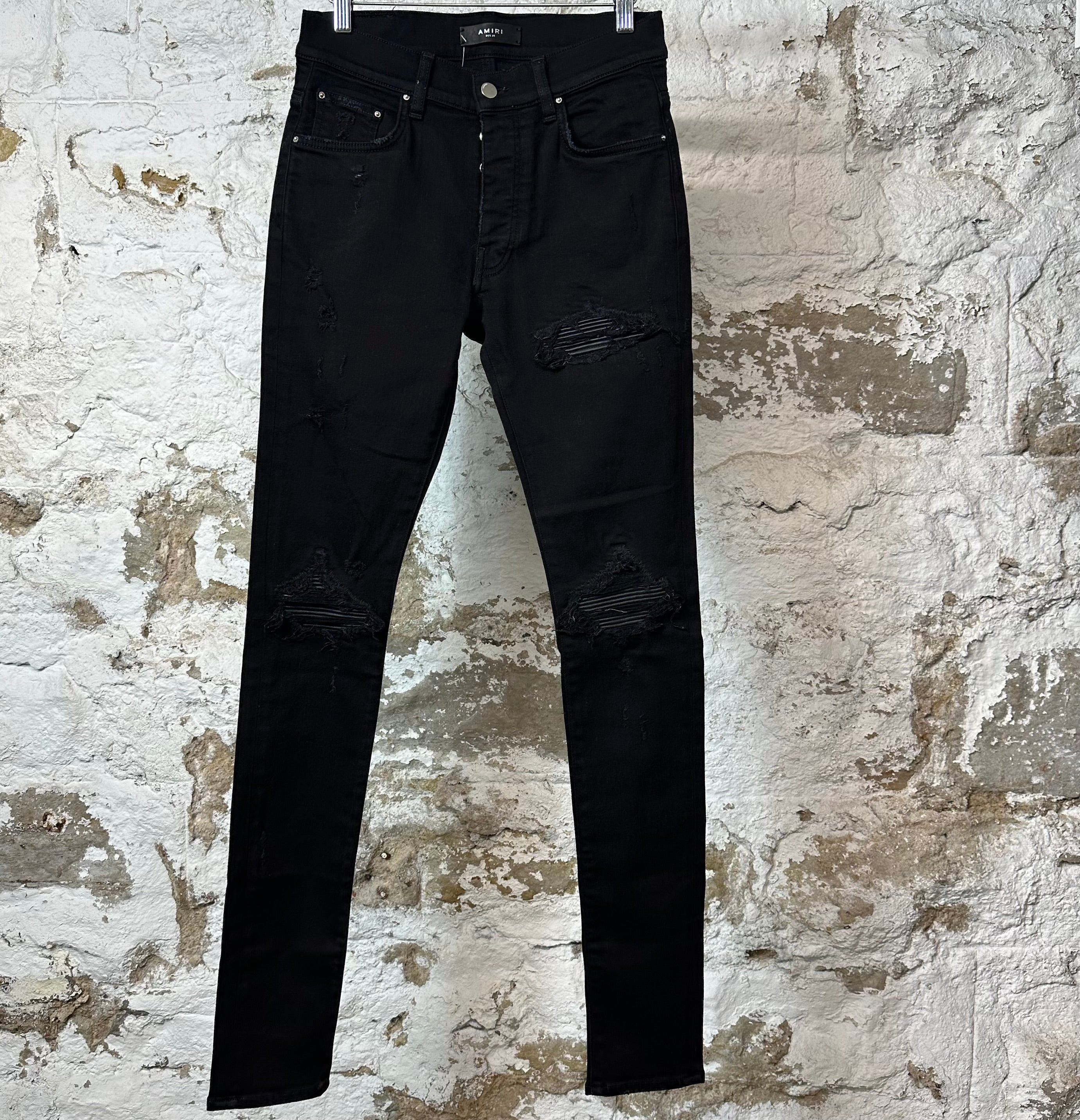 Amiri MX1 Black Leather Black Denim Jeans Sz 28
