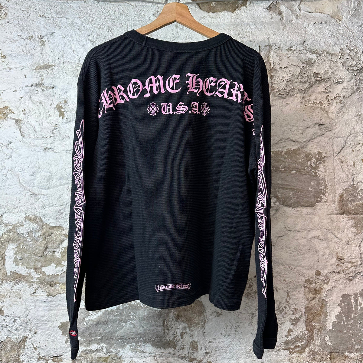 Chrome Hearts Matty Boy Pink Script Waffle Black Thermal Long Sleeve Sz L