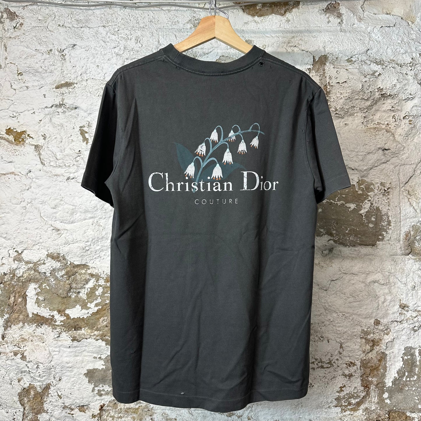 Dior Flower Logo Distressed Faded Black T-Shirt Sz XS