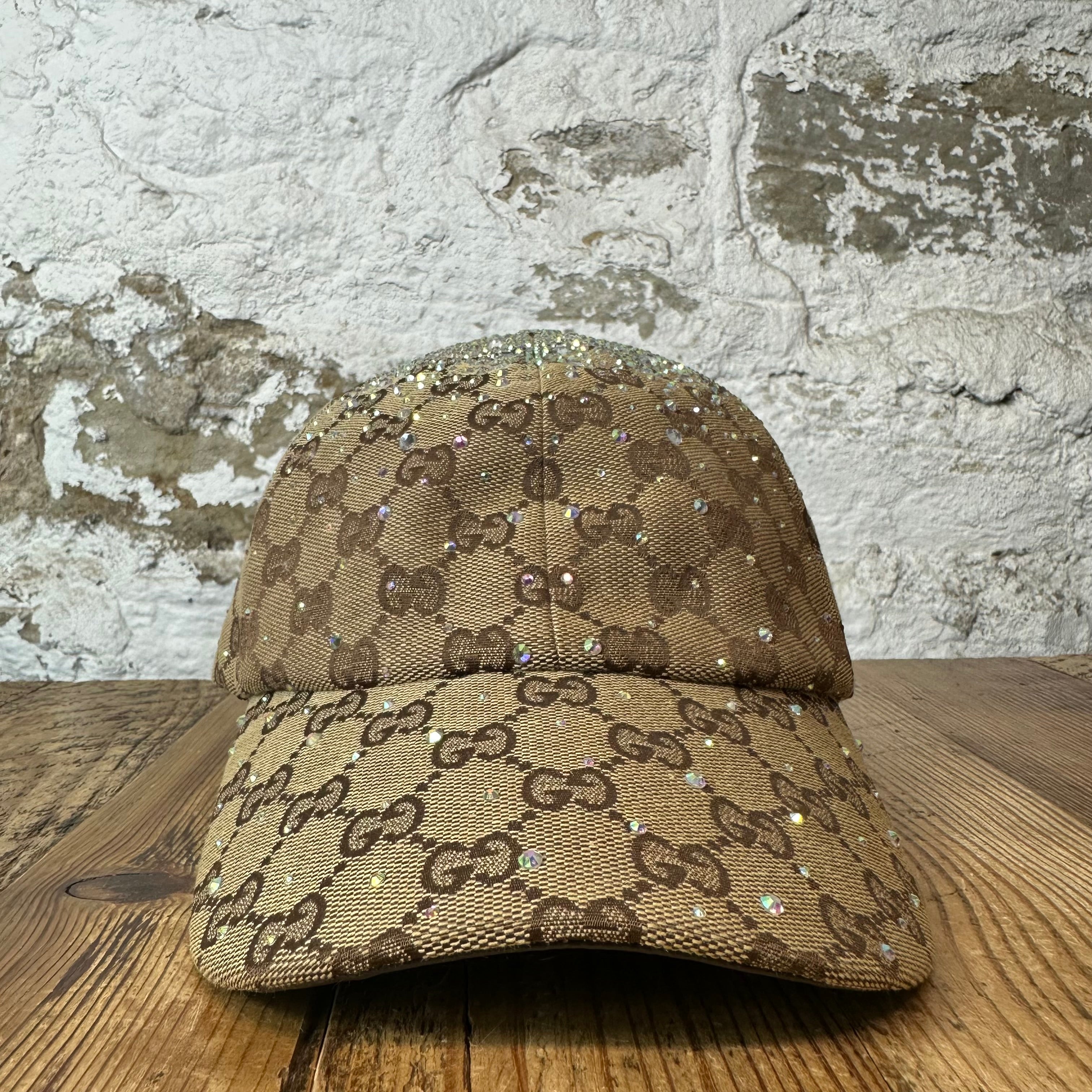 Gucci Beige GG Monogram Crystals Hat Sz M