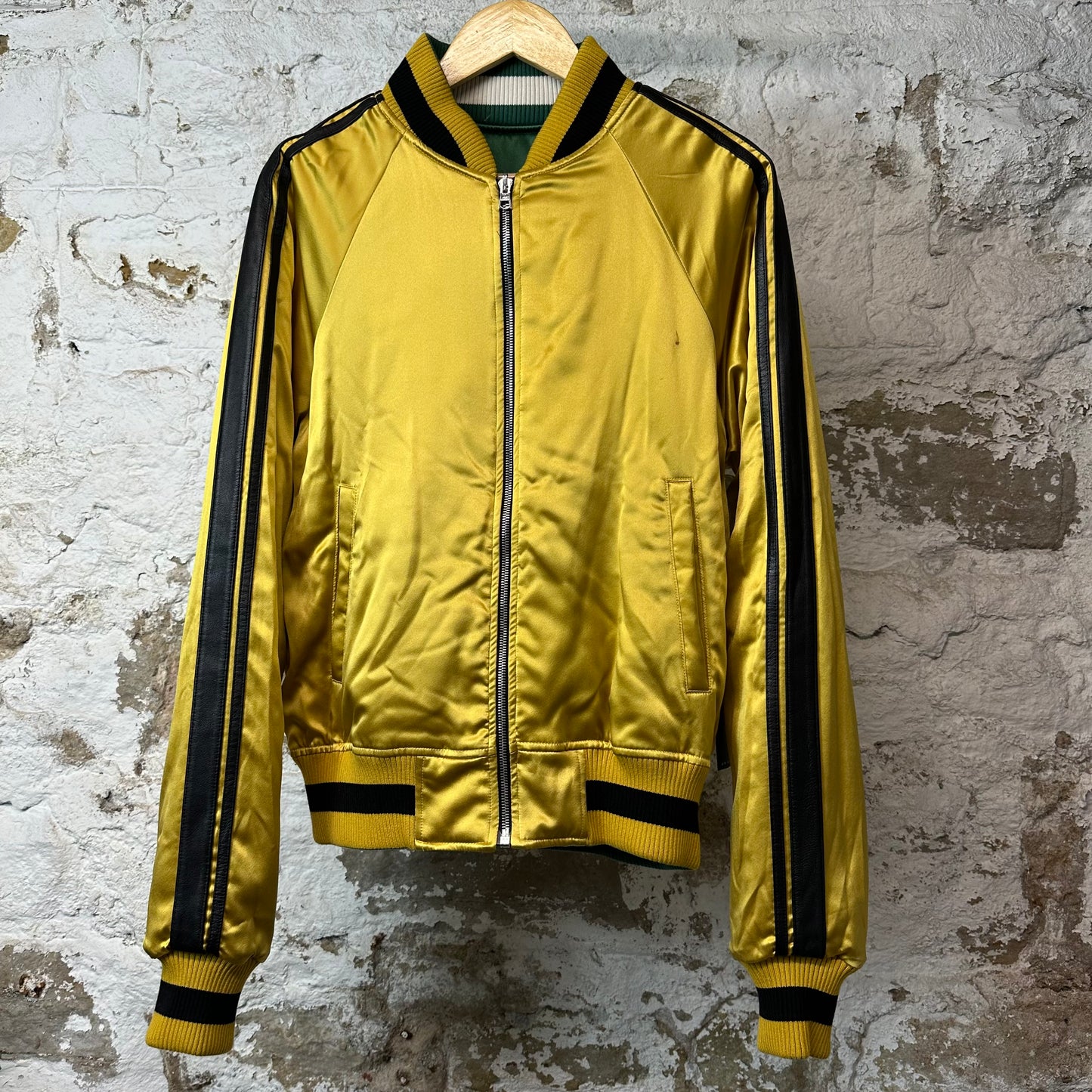 Amiri Green Yellow Reversible Satin Varsity Jacket Sz L