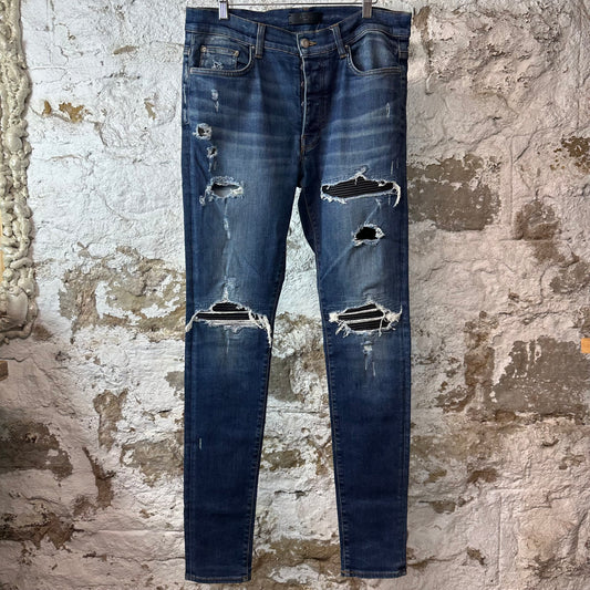 Amiri MX1 Black Leather Dark Blue Denim Jeans Sz 34