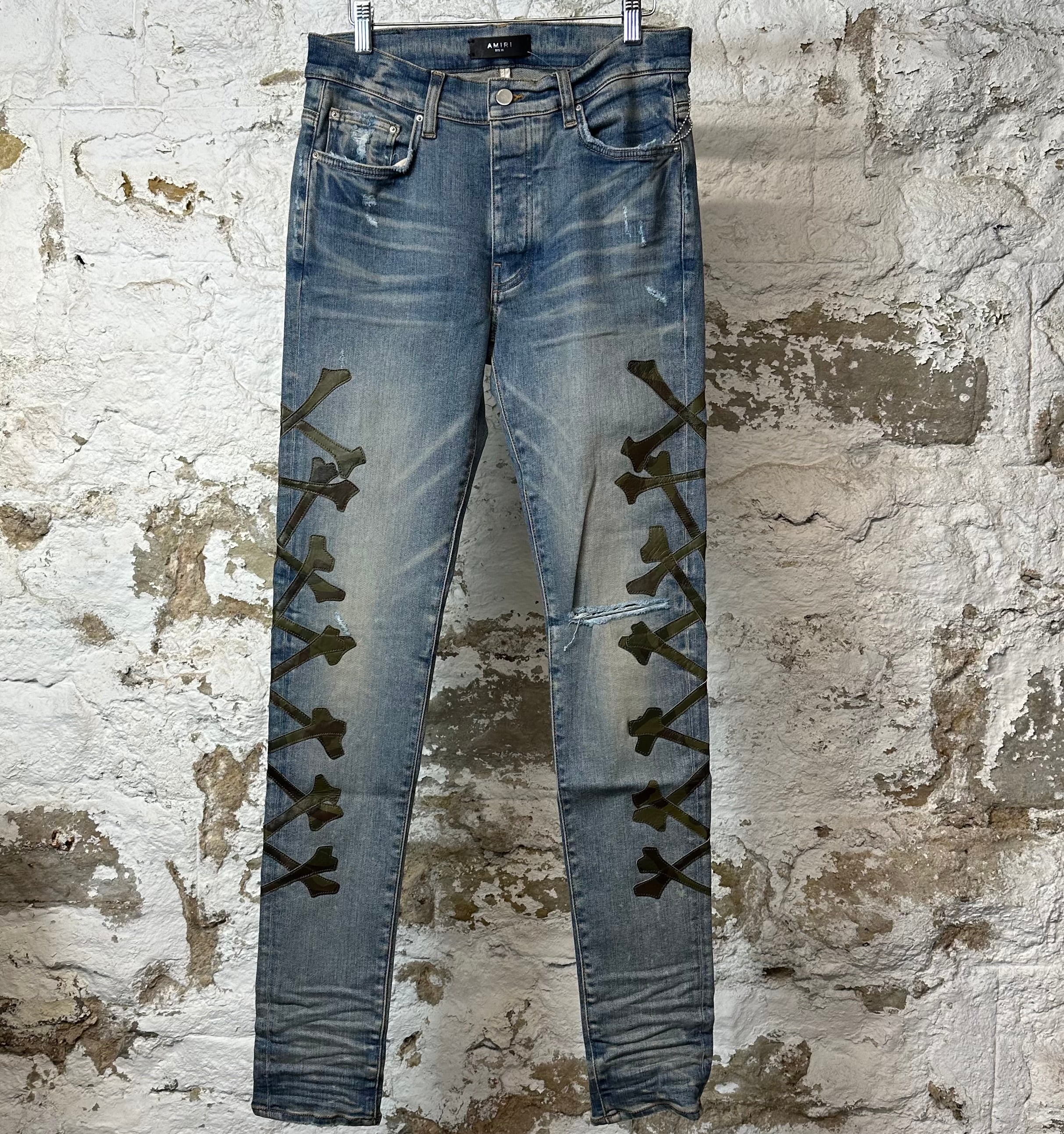 Amiri Green Camo Bones Blue Denim Jeans