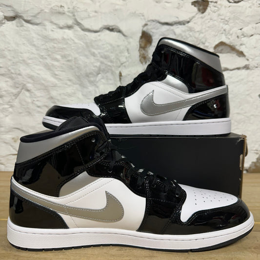 Air Jordan 1 Mid Patent Black Silver Sz 15