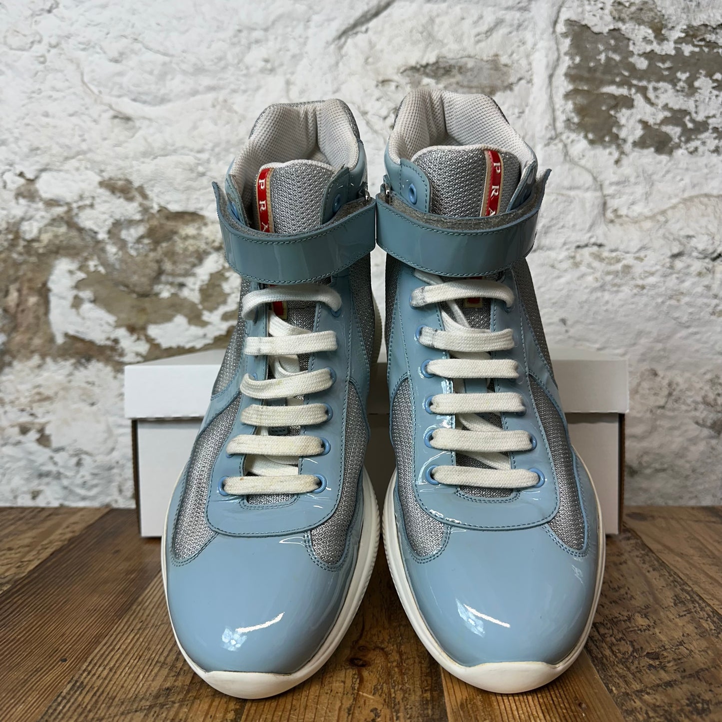 Prada Americas Cup High Baby Blue Patent White Sneaker Sz 9.5 No Box