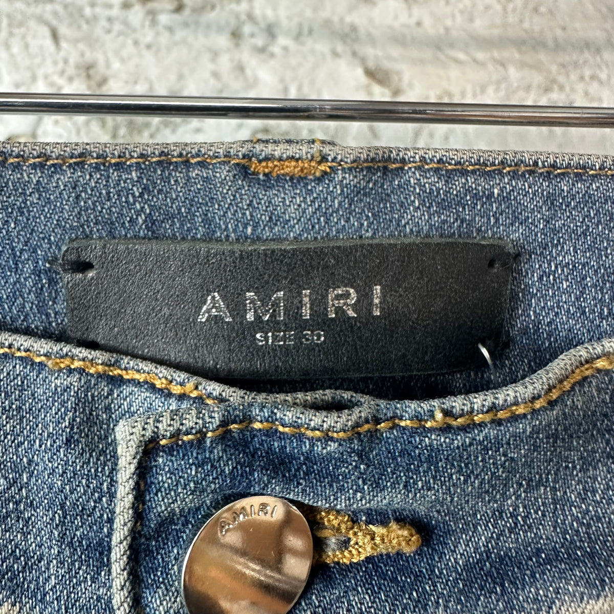Amiri MX1 Yellow Suede Dirty Blue Denim Jeans Sz 30