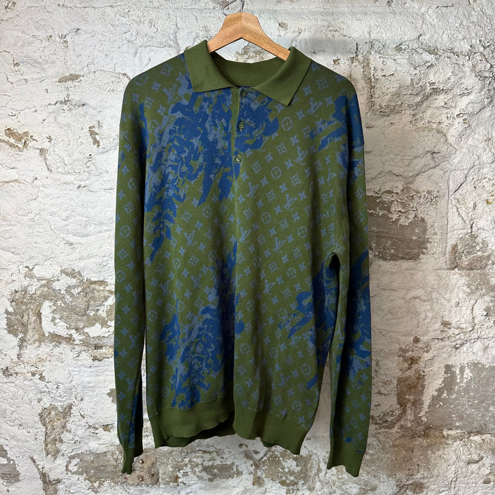 Louis Vuitton Blue Green Monogram Knitted Polo L/s Sz XL