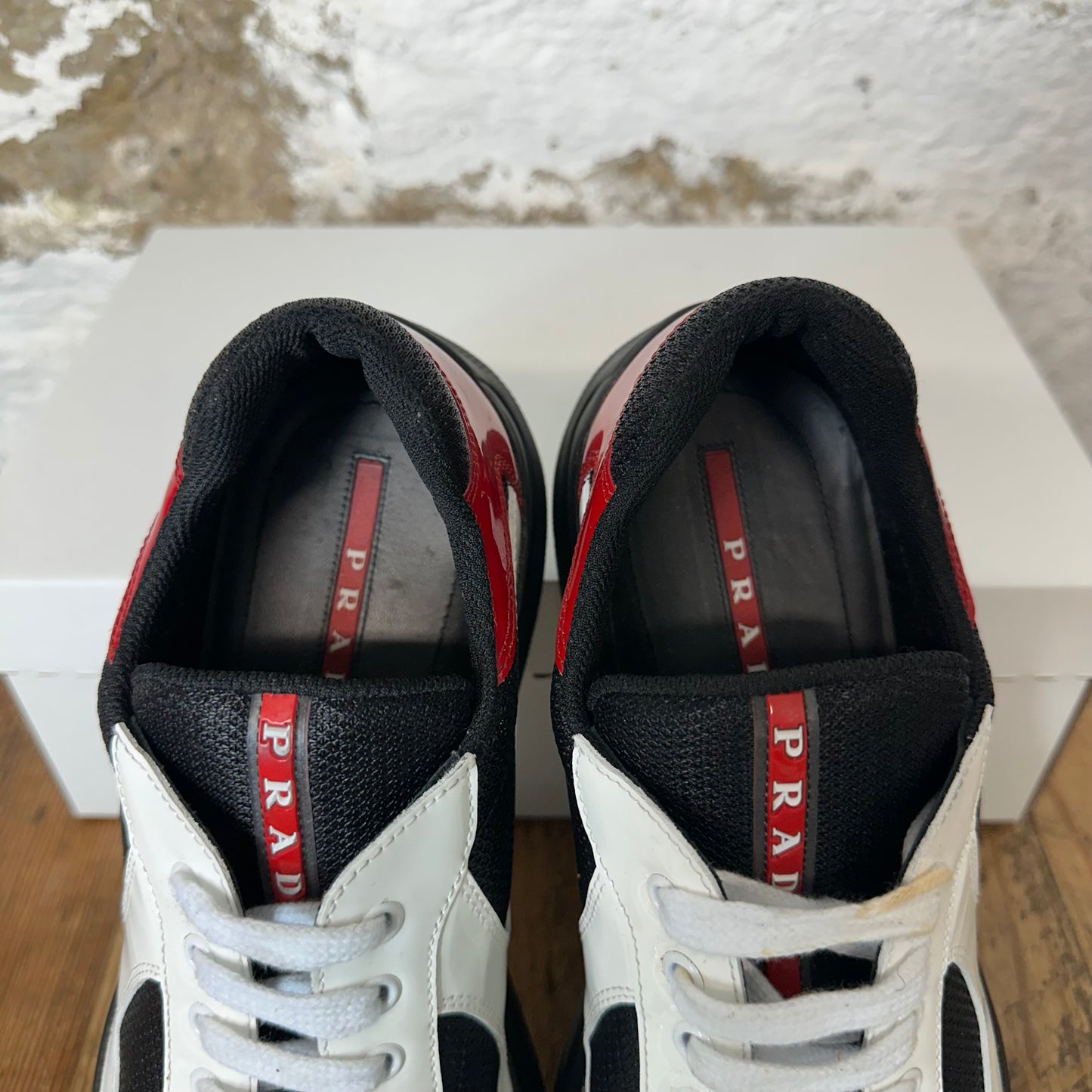 Prada Americas Cup White Patent Red Black Sneaker Sz 8 No Box