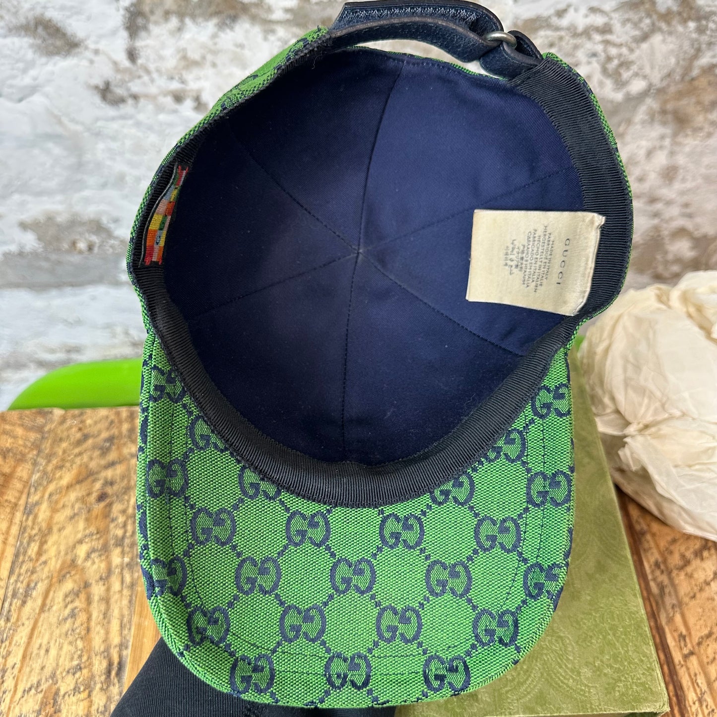 Gucci Black GG Monogram Green Hat Sz M W/ Box