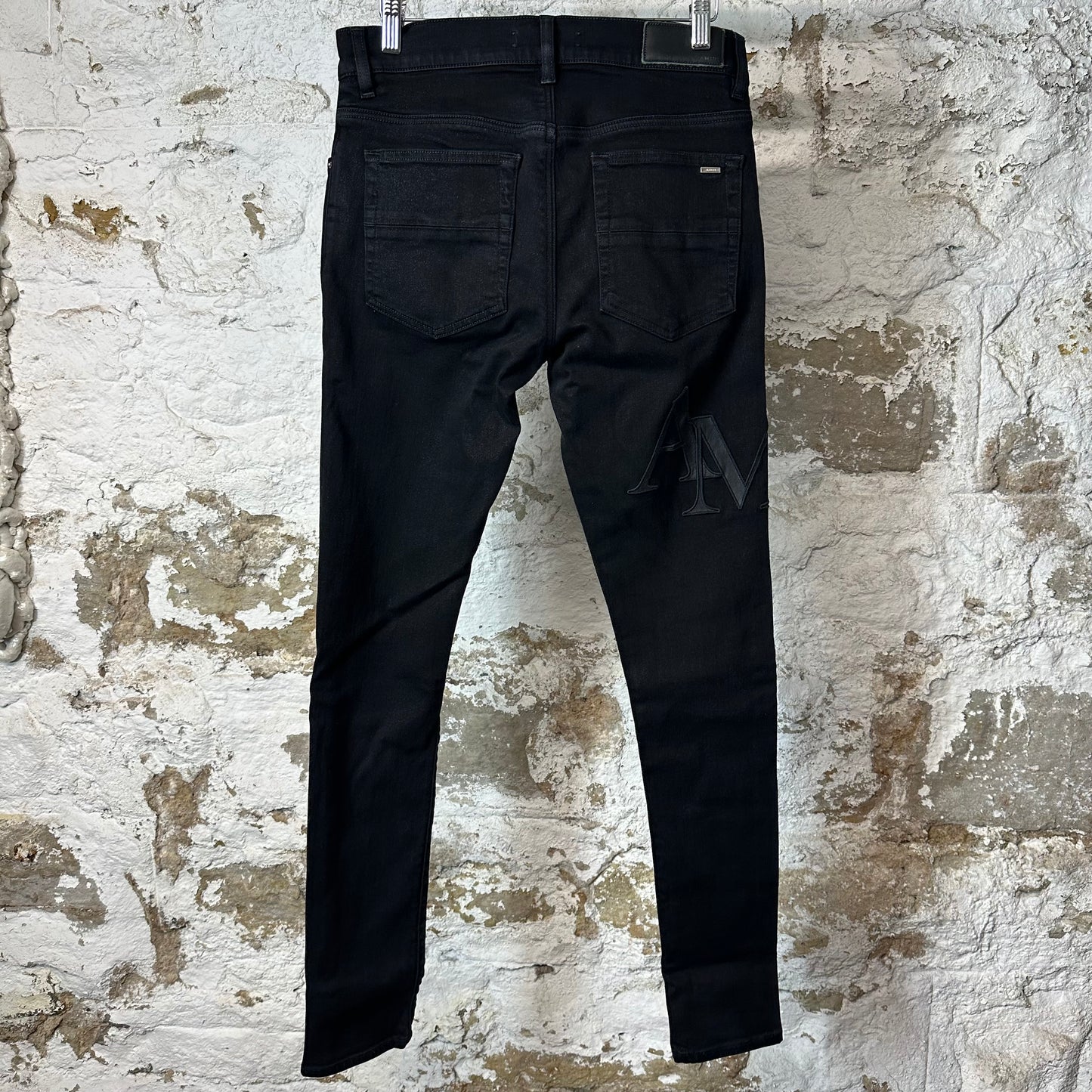 Amiri Black Leather Stagger Black Waxed Denim Jeans Sz 29