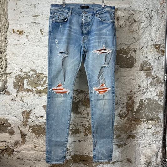 Amiri MX1 Cracked Orange Blue Denim Jeans Sz 36