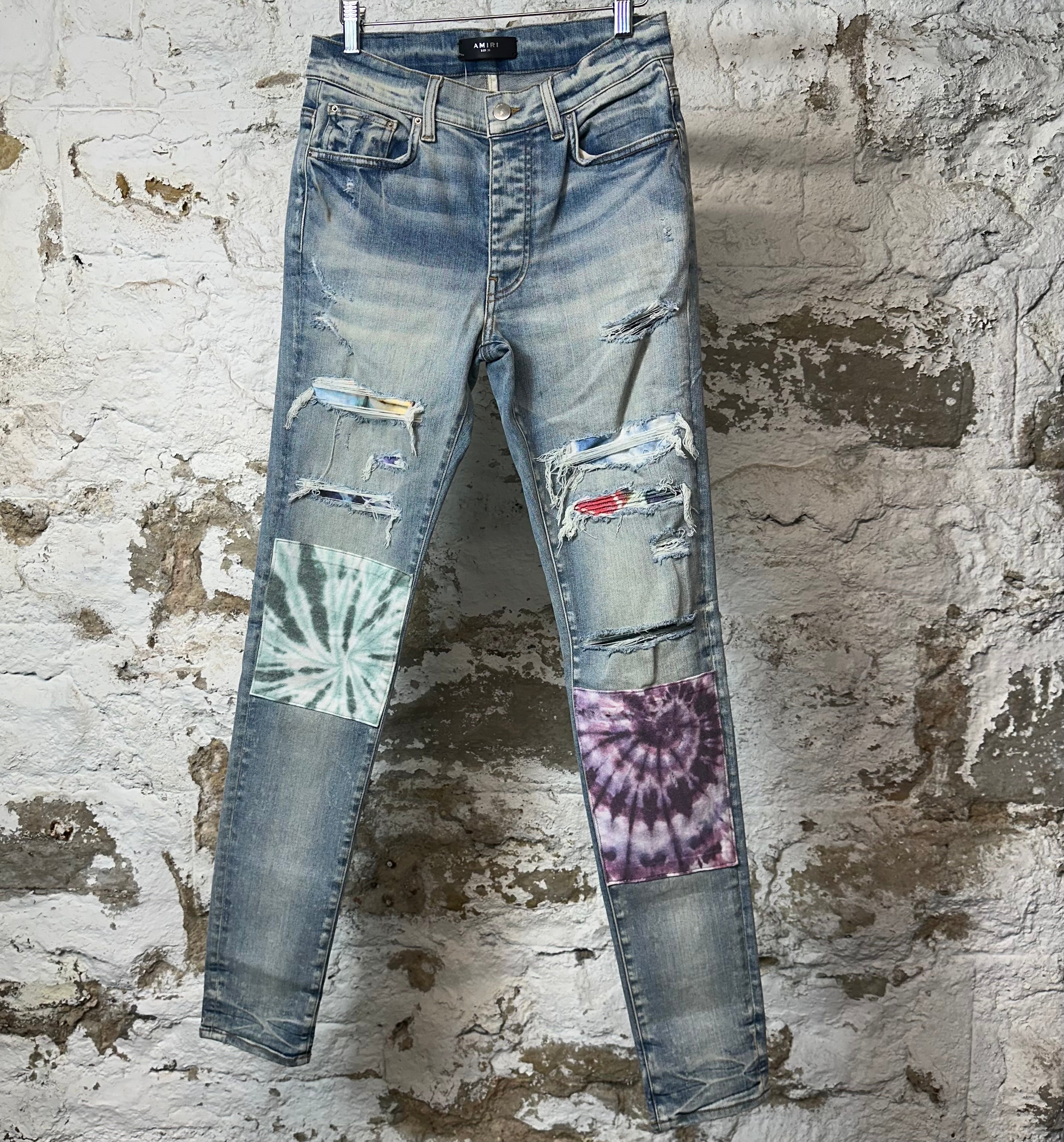 Amiri MX1 Tie Dye Patches Blue Denim Jeans Sz 30