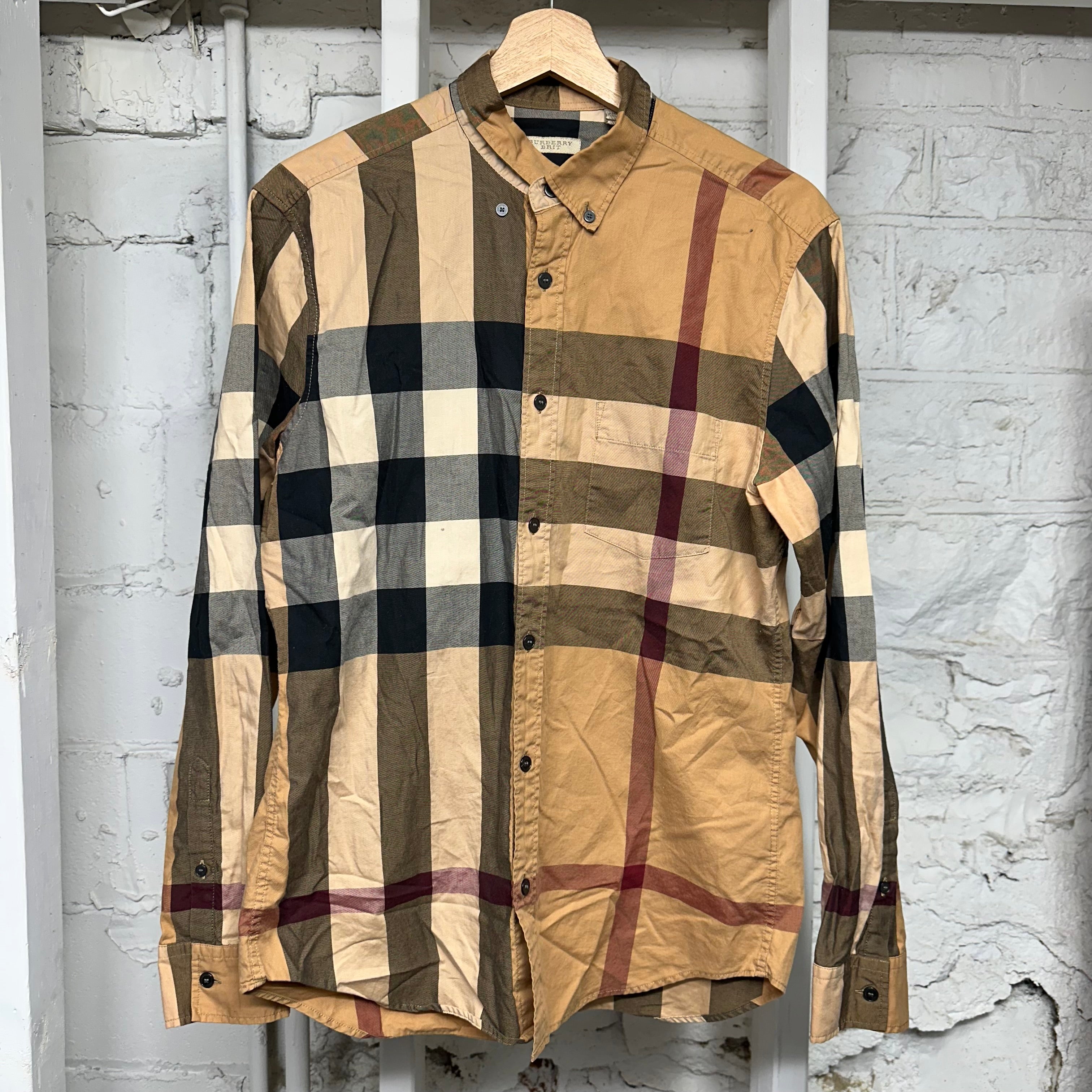 Burberry Tan Plaid Button Up Shirt Sz M