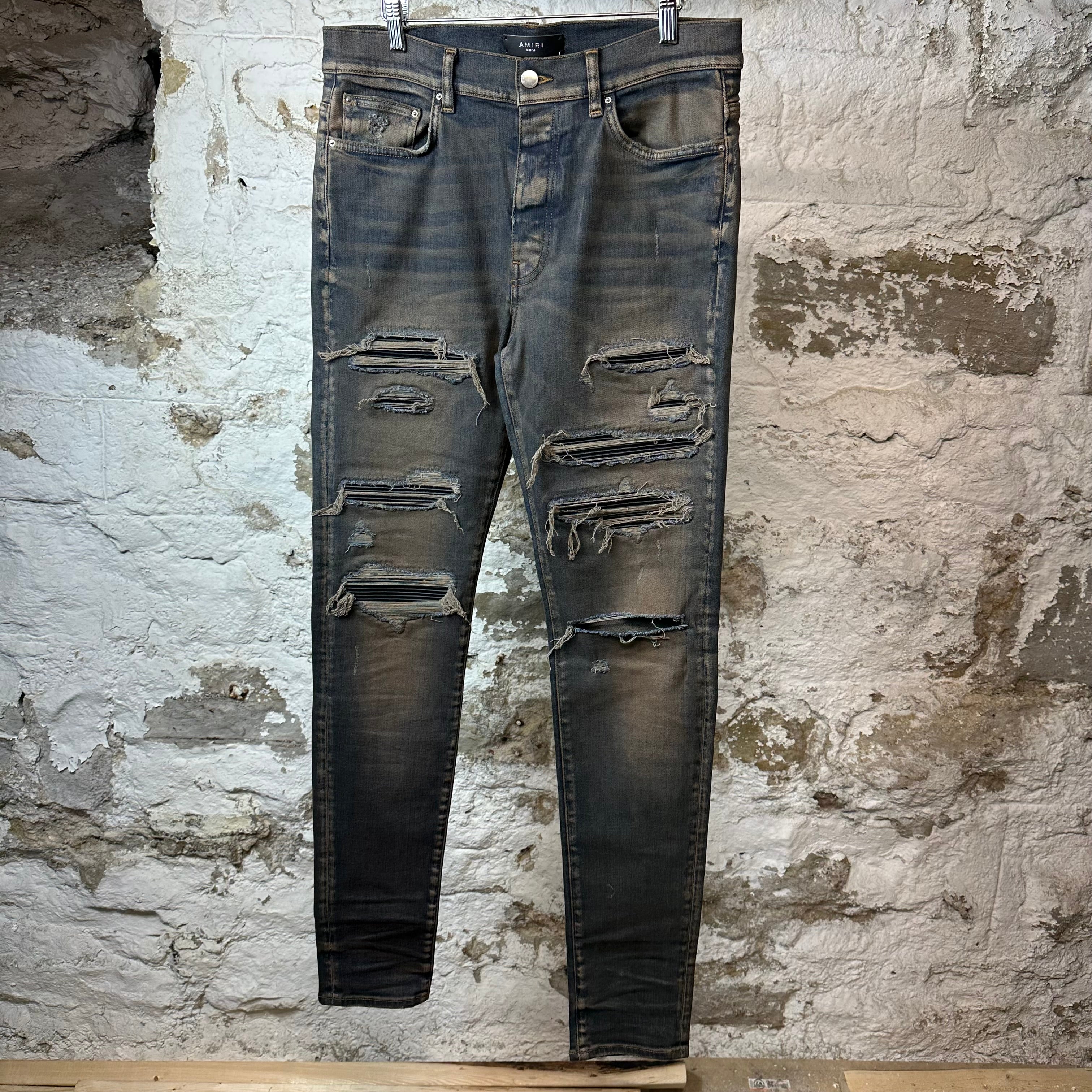 Amiri MX1 Black Leather Thrasher Dirty Blue Denim Jeans Sz 34