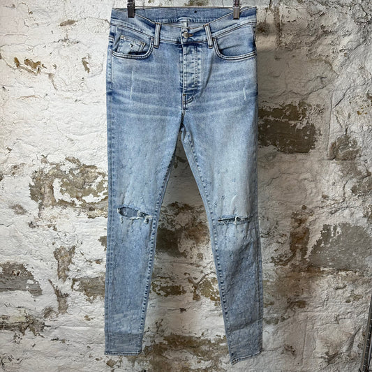 Amiri Knee Rip Shotgun Washed Blue Denim Jeans Sz 32