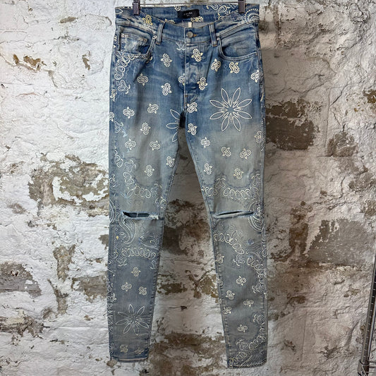 Amiri Knee Rip White Paisley Print Blue Denim Jeans Sz 31