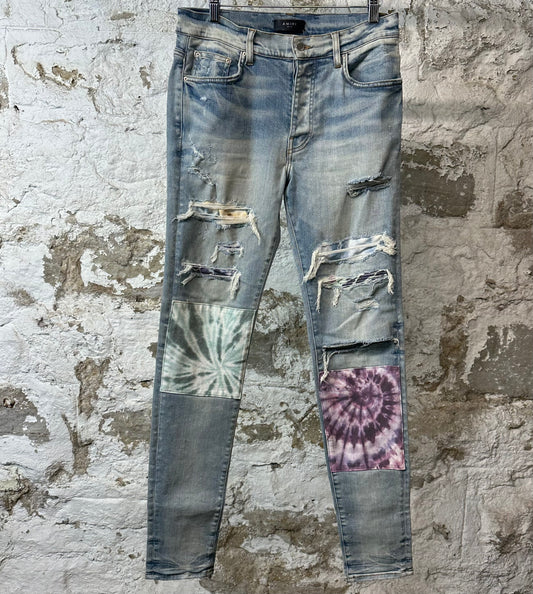 Amiri MX1 Tie Dye Patches Blue Denim Jeans Sz 32