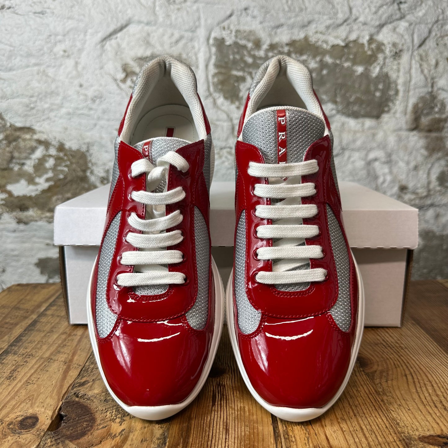 Prada Americas Cup Red Patent Grey White Sneaker Sz 9