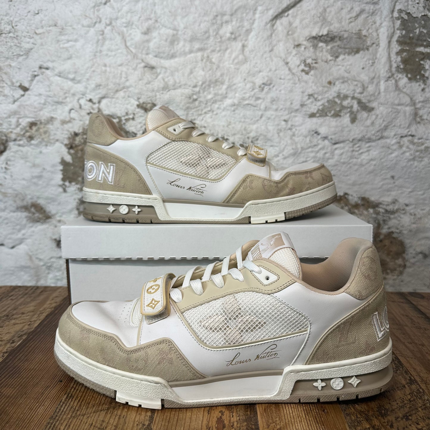 Louis Vuitton Beige White Strap Trainer Sz 12.5 (11LV) No Box