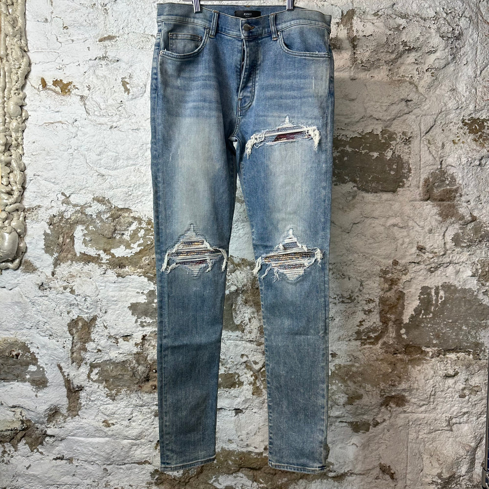 Amiri MX1 Blue Gold Patch Blue Denim Jeans Sz 33