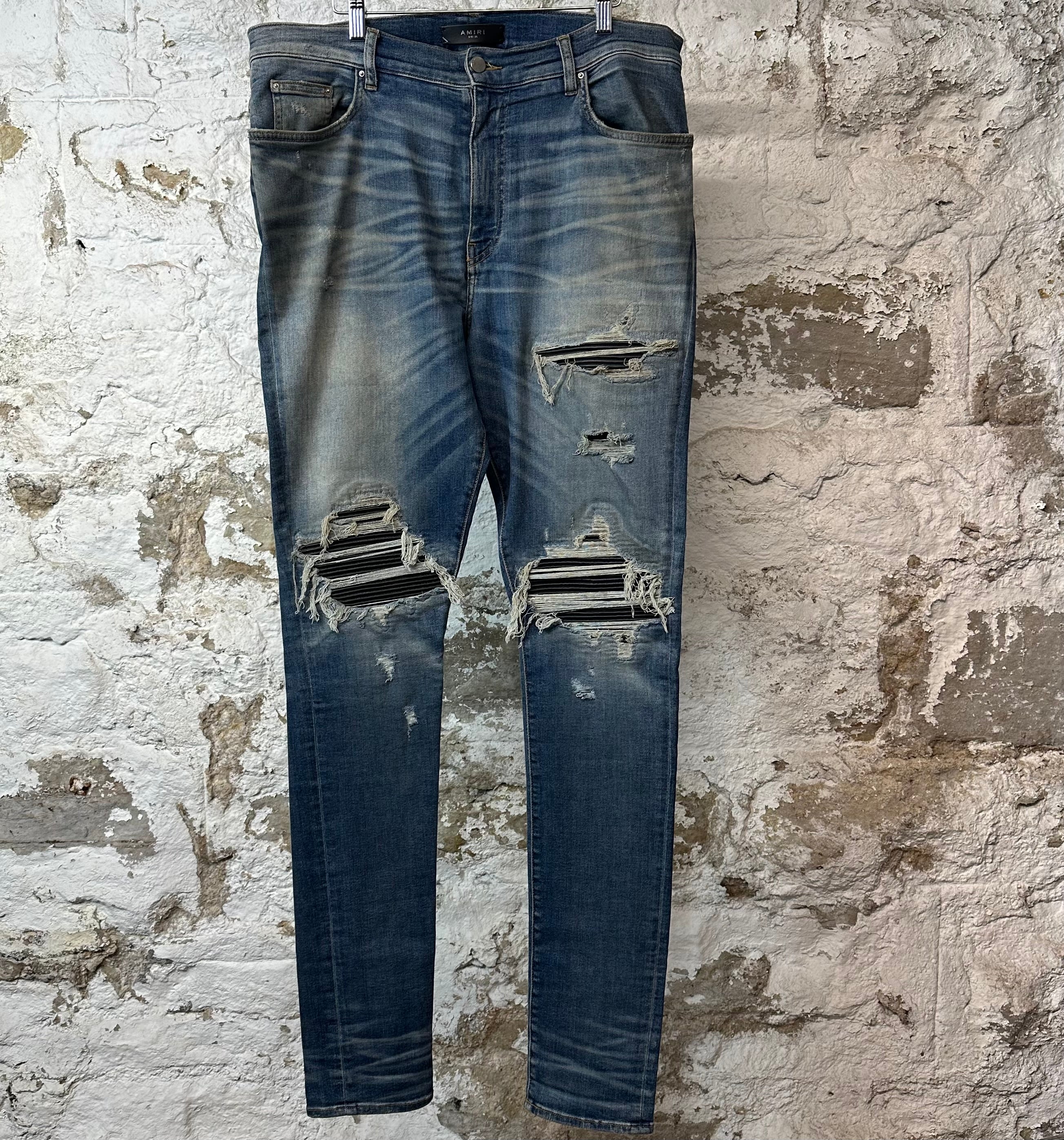 Amiri MX1 Black Leather Blue Denim Jeans Sz 38