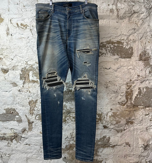 Amiri MX1 Black Leather Blue Denim Jeans Sz 38